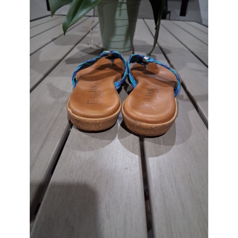 Italian Shoemakers Woman Blue Turquoise Leather Thong Wedge Sandals Sz 8 SB2 - Picture 6 of 9